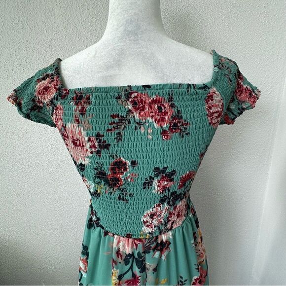 Derek Heart Floral High Low Dress Green Elastic Smocked Top SZ M - Picture 7 of 16